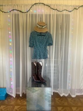 SHEIN Teal Floral Peplum Puff-Sleeve Top